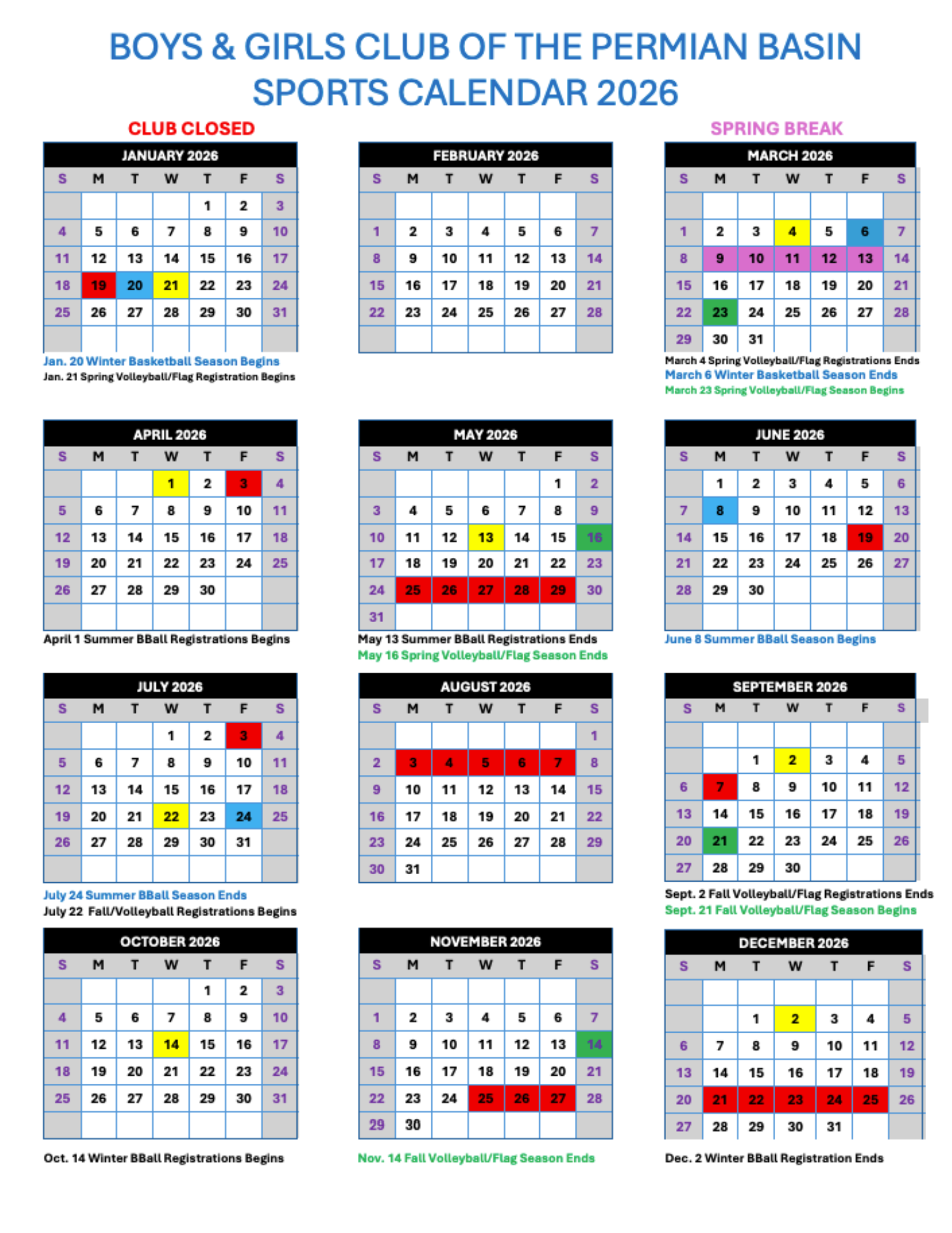 BGCPB Sports Calendar