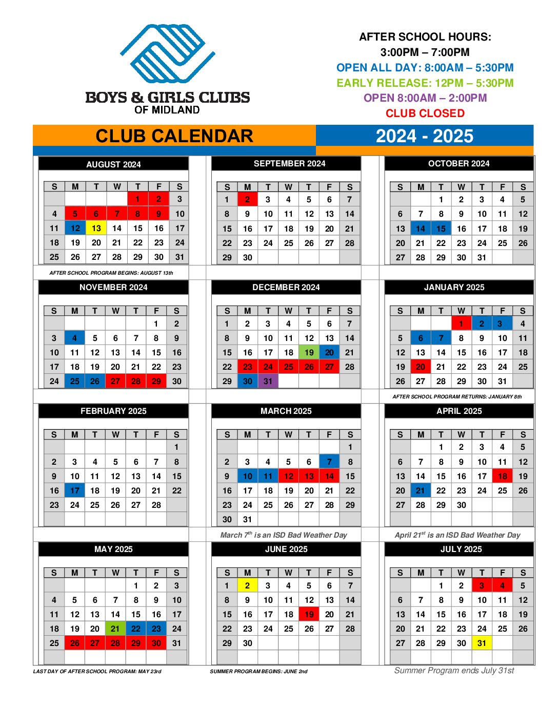 Midland Club Calendar 2024-2025 a